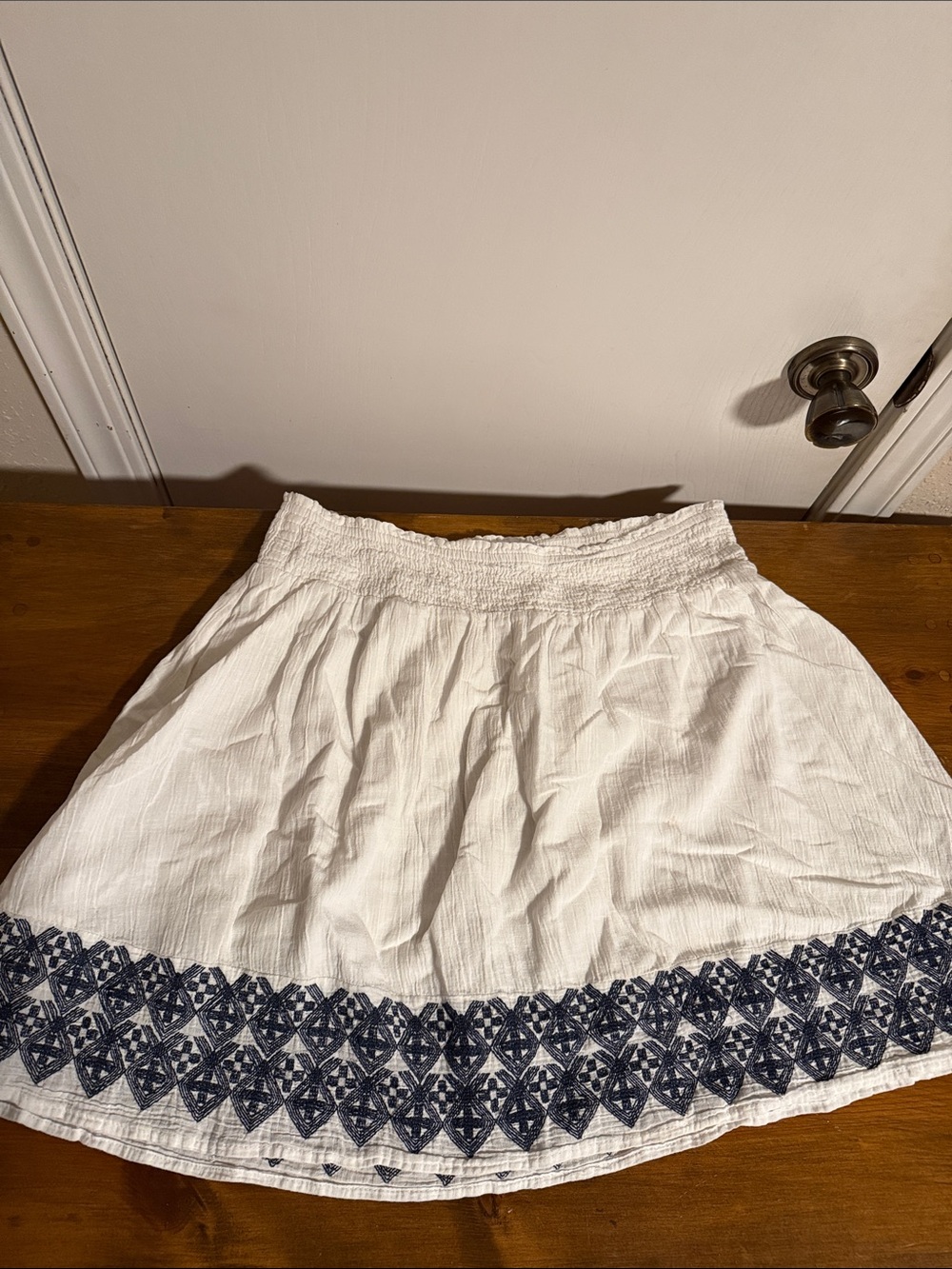 Old Navy White Circle Skirt with Navy Hem Embroidery
